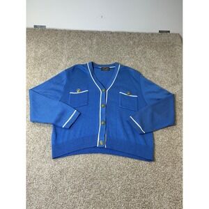 Vintage Dylani Knitwear Cardigan Sweater Pockets Button Front Blue White Trim XL